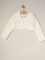 Miss Bubble Hem Satin Dress Faux Fur Cardigan and Bow Clip Set - Image 5 of 5
