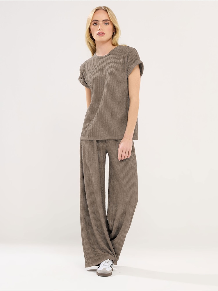 PixieGirl Petite Brown Textured Wide Leg Trousers - Image 1 of 5 PixieGirl Petite Brown Textured Wide Leg Trousers - Image 1 of 5