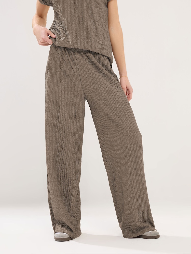 PixieGirl Petite Brown Textured Wide Leg Trousers - Image 2 of 5 PixieGirl Petite Brown Textured Wide Leg Trousers - Image 2 of 5