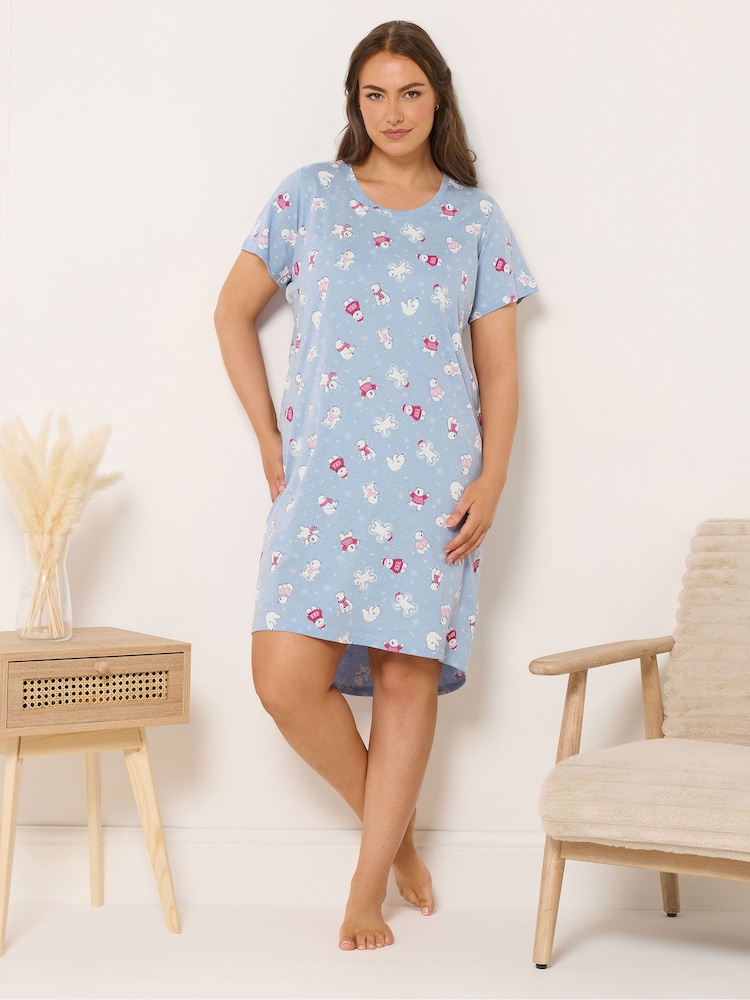 Yours Curve Blue Polar Bears Dipped Back Nightdress - Image 1 of 5 Yours Curve Blue Polar Bears Dipped Back Nightdress - Image 1 of 5