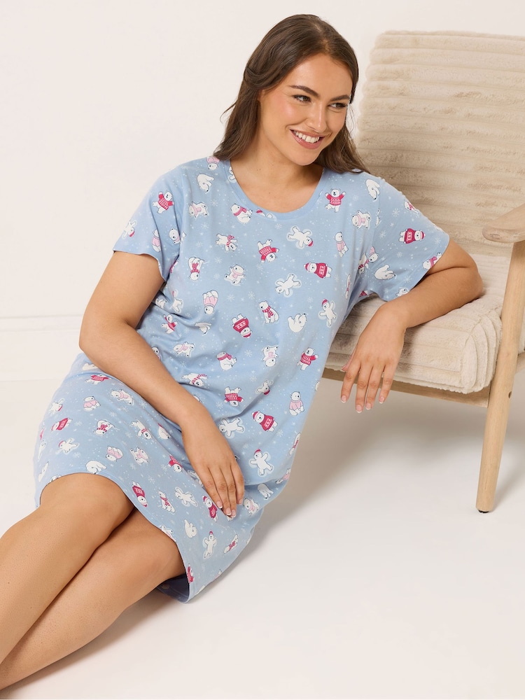Yours Curve Blue Polar Bears Dipped Back Nightdress - Image 2 of 5 Yours Curve Blue Polar Bears Dipped Back Nightdress - Image 2 of 5
