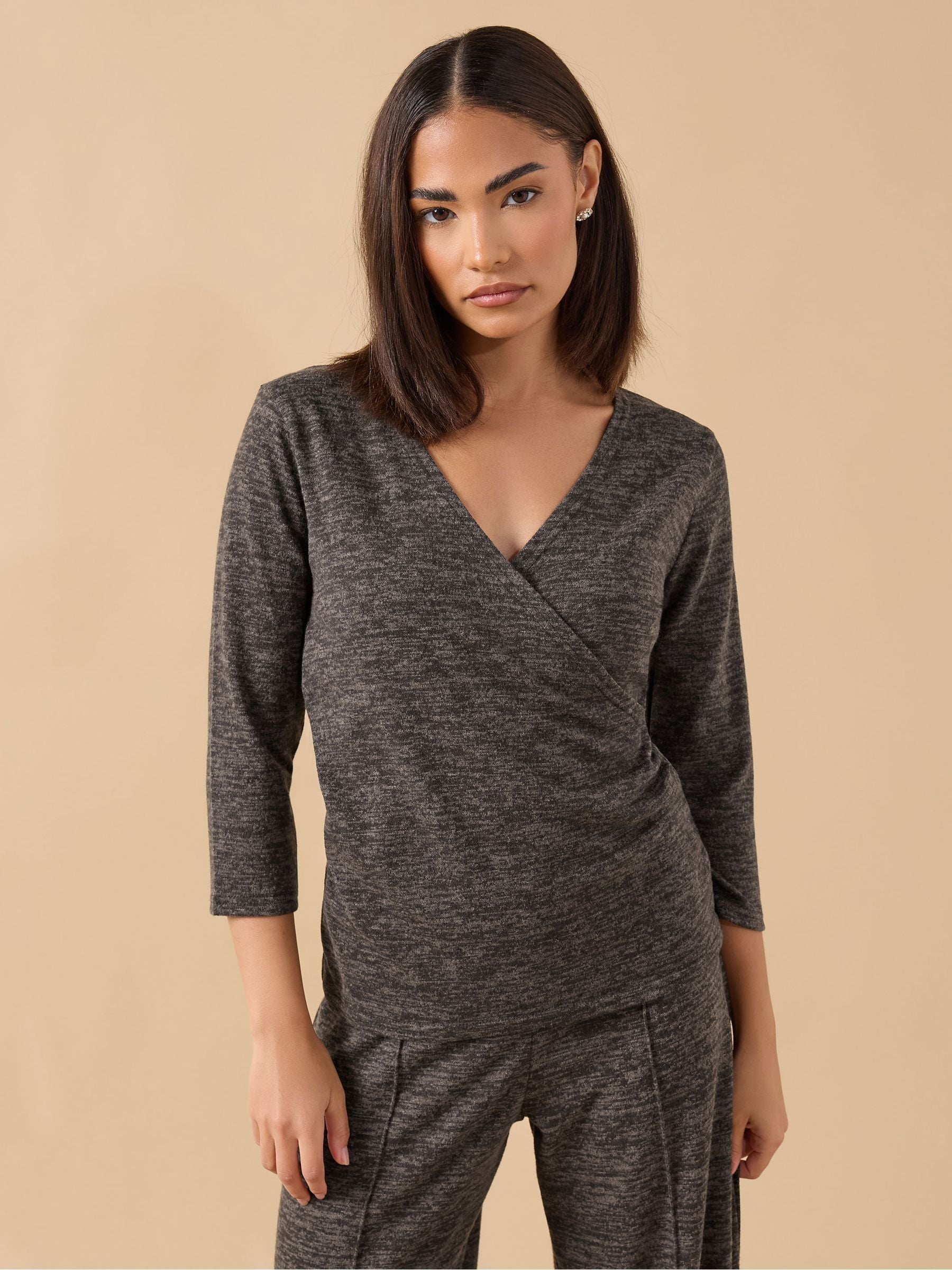 Pixiegirl Petite Women's Brown Marl Wrap Long Sleeve Top - Image 1