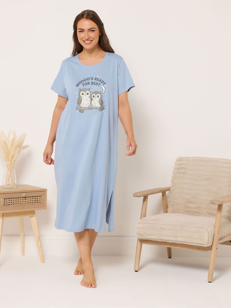 Yours Curve Blue Ready For Bed Owl Midaxi Nightdress - Image 1 of 5 Yours Curve Blue Ready For Bed Owl Midaxi Nightdress - Image 1 of 5