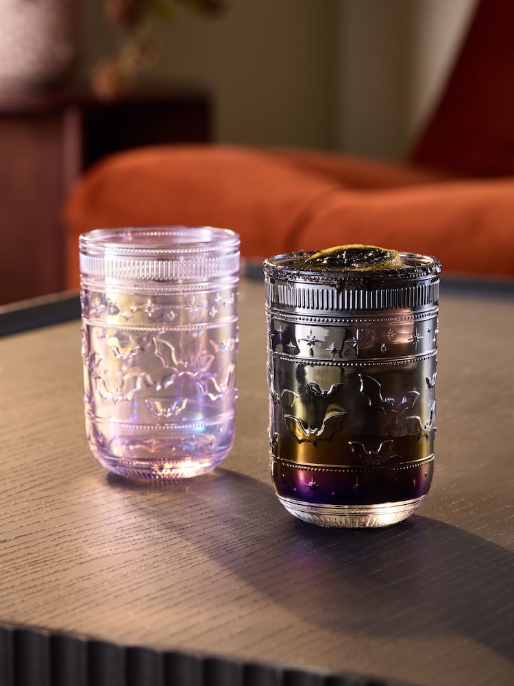 Set of 2 Lilac Purple Lustre Bat Halloween Pressed Tumbler Glasses - Image 1 of 3 Set of 2 Lilac Purple Lustre Bat Halloween Pressed Tumbler Glasses - Image 1 of 3