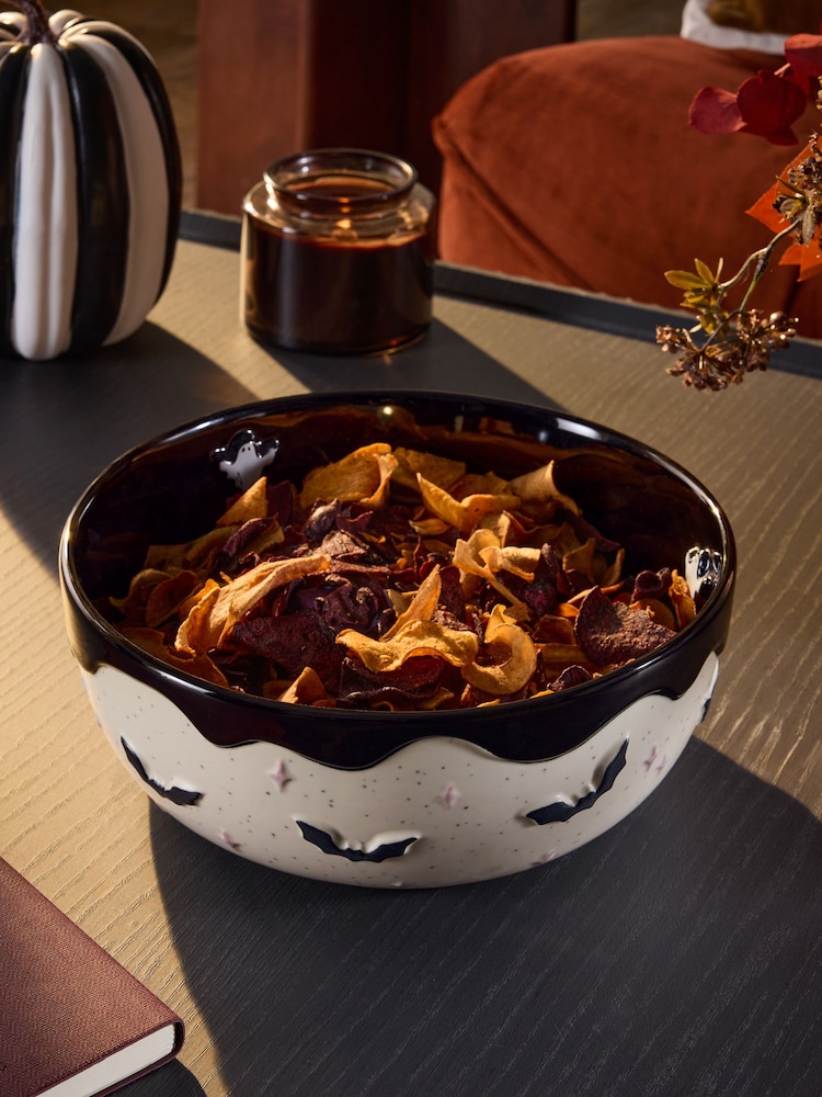 Monochrome Halloween Bat and Ghost Serving Bowl - Image 1 of 4 Monochrome Halloween Bat and Ghost Serving Bowl - Image 1 of 4