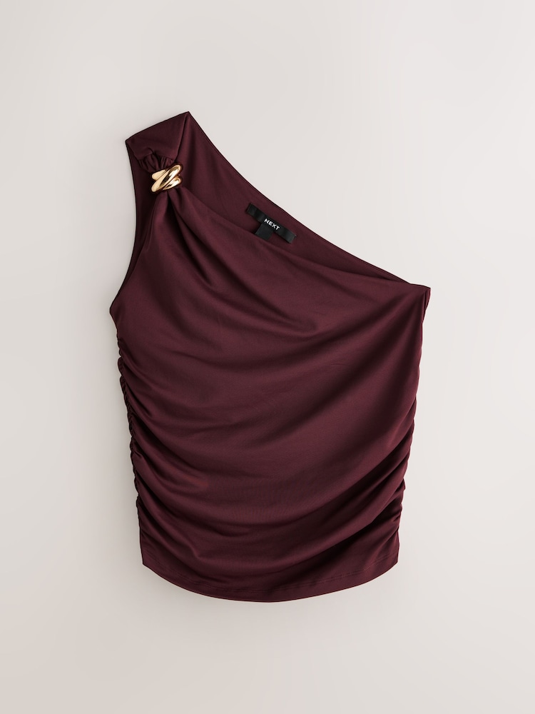 Burgundy Red Soft Touch Slinky Nylon One Shoulder Hardware Top - Image 1 of 3 Burgundy Red Soft Touch Slinky Nylon One Shoulder Hardware Top - Image 1 of 3