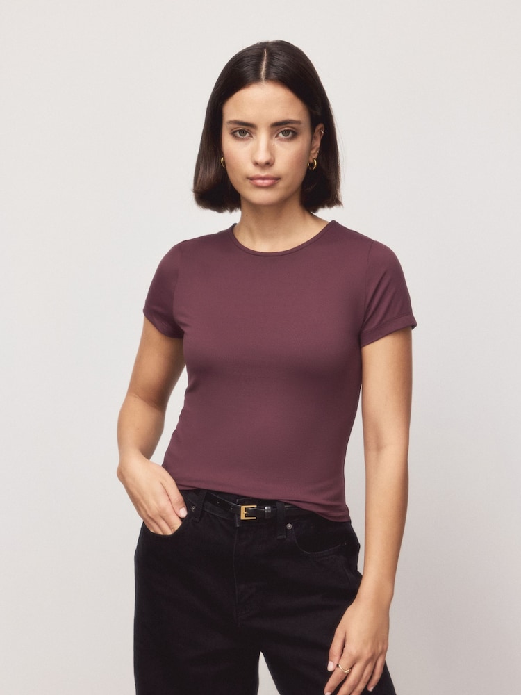 Mink Brown Soft Touch Slinky Nylon Scoop Neck Short Sleeve Top - Image 1 of 5 Mink Brown Soft Touch Slinky Nylon Scoop Neck Short Sleeve Top - Image 1 of 5