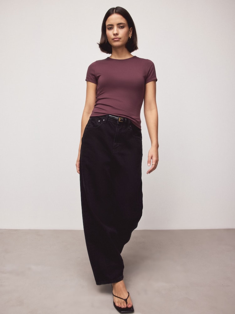 Mink Brown Soft Touch Slinky Nylon Scoop Neck Short Sleeve Top - Image 2 of 5 Mink Brown Soft Touch Slinky Nylon Scoop Neck Short Sleeve Top - Image 2 of 5