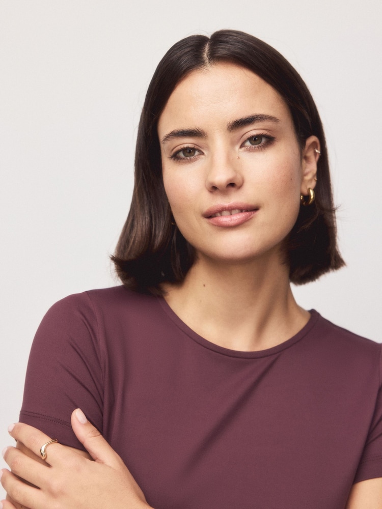 Mink Brown Soft Touch Slinky Nylon Scoop Neck Short Sleeve Top - Image 5 of 5 Mink Brown Soft Touch Slinky Nylon Scoop Neck Short Sleeve Top - Image 5 of 5