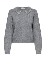 JDY Grey Pearl Collar Knitted Top - Image 3 of 4