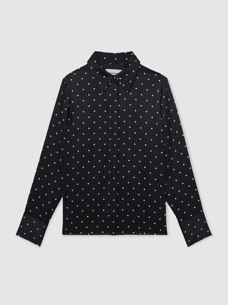 Reiss Navy/Ivory Ameira Silk-Satin Polka Dot Shirt - Image 2 of 6 Reiss Navy/Ivory Ameira Silk-Satin Polka Dot Shirt - Image 2 of 6