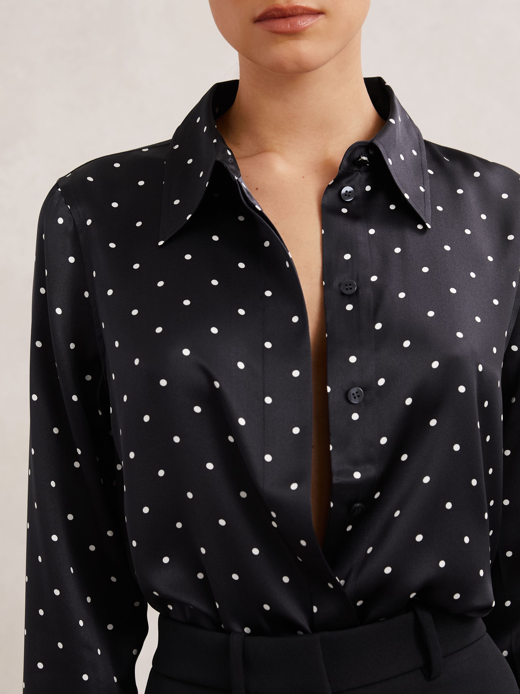 Buy Reiss Navy polka Dot Ameira Silk-Satin Concealed-Placket Shirt