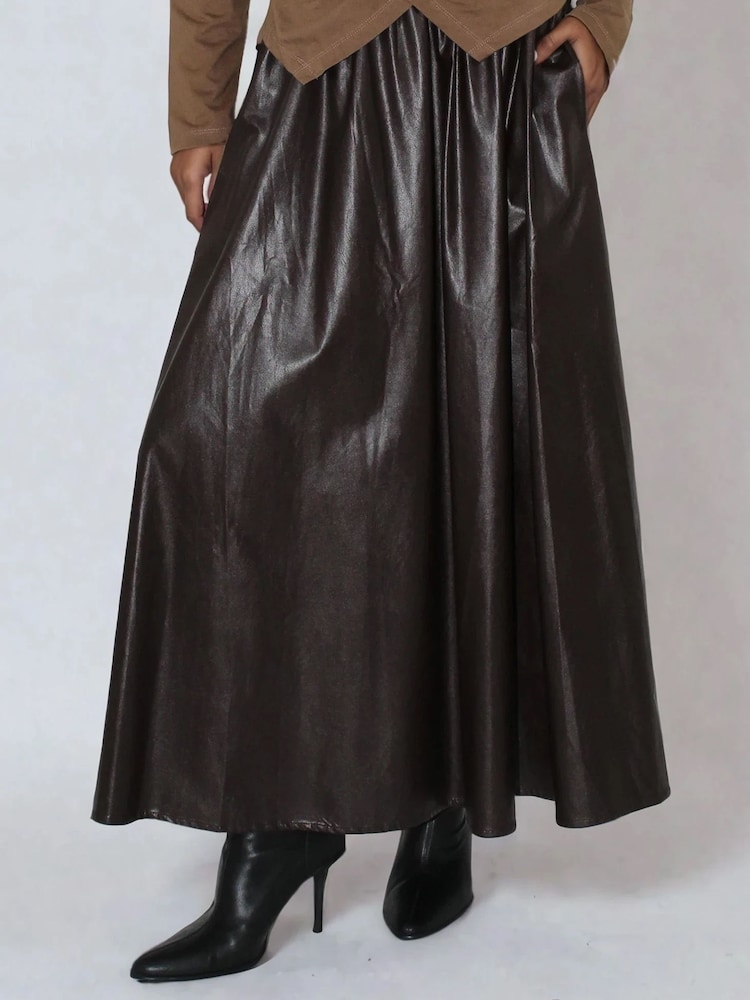 Religion Brown Sophie Full Maxi Skirt In Faux Leather With Pockets - Image 1 of 5