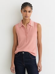 Reiss Pink/Ivory Saskia Wool-Cashmere Sleeveless Polo Top - Image 1 of 6