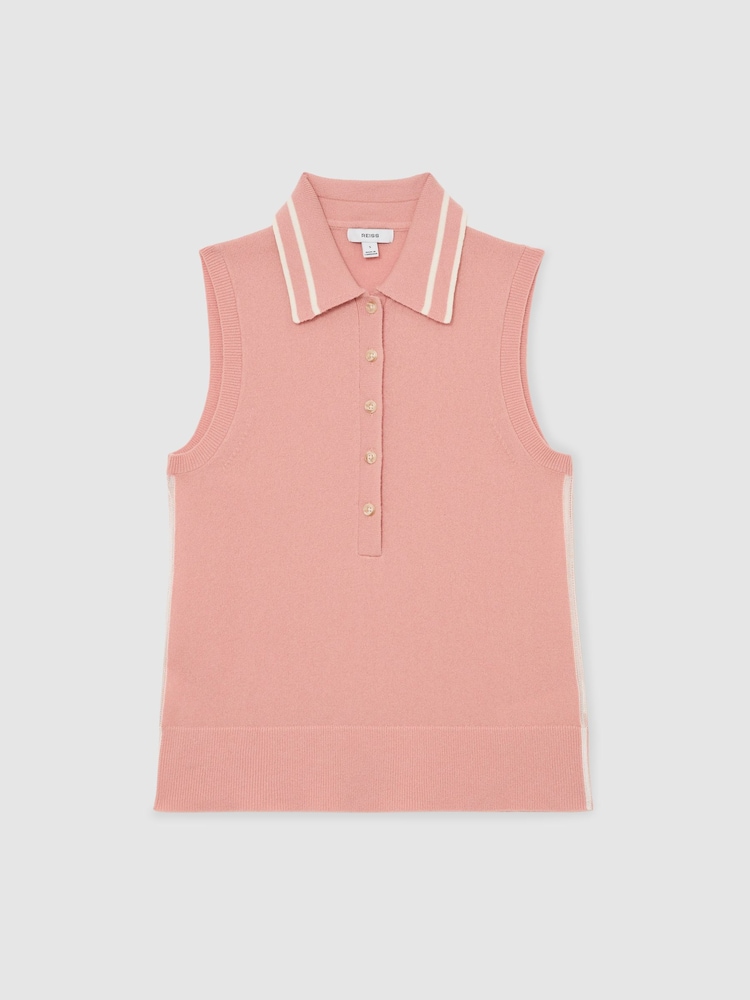 Reiss Pink/Ivory Saskia Wool-Cashmere Sleeveless Polo Top - Image 2 of 6 Reiss Pink/Ivory Saskia Wool-Cashmere Sleeveless Polo Top - Image 2 of 6