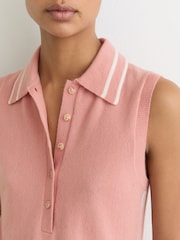 Reiss Pink/Ivory Saskia Wool-Cashmere Sleeveless Polo Top - Image 4 of 6