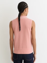 Reiss Pink/Ivory Saskia Wool-Cashmere Sleeveless Polo Top - Image 5 of 6