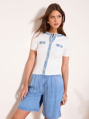 Ivory Denim - Lipsy Tipped Buttoned Short Sleeve Knitted Top - Պատկեր 1 4-ից