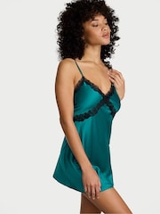 Victoria's Secret True Teal Blue Satin Lace Trim Mini Slip Dress - Image 1 of 2