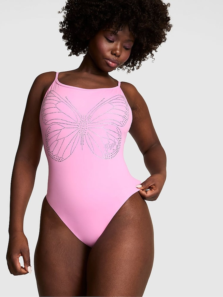 Victoria's Secret Pink Pink Lollipop Diamante Low Back Swimsuit - Image 1 of 3