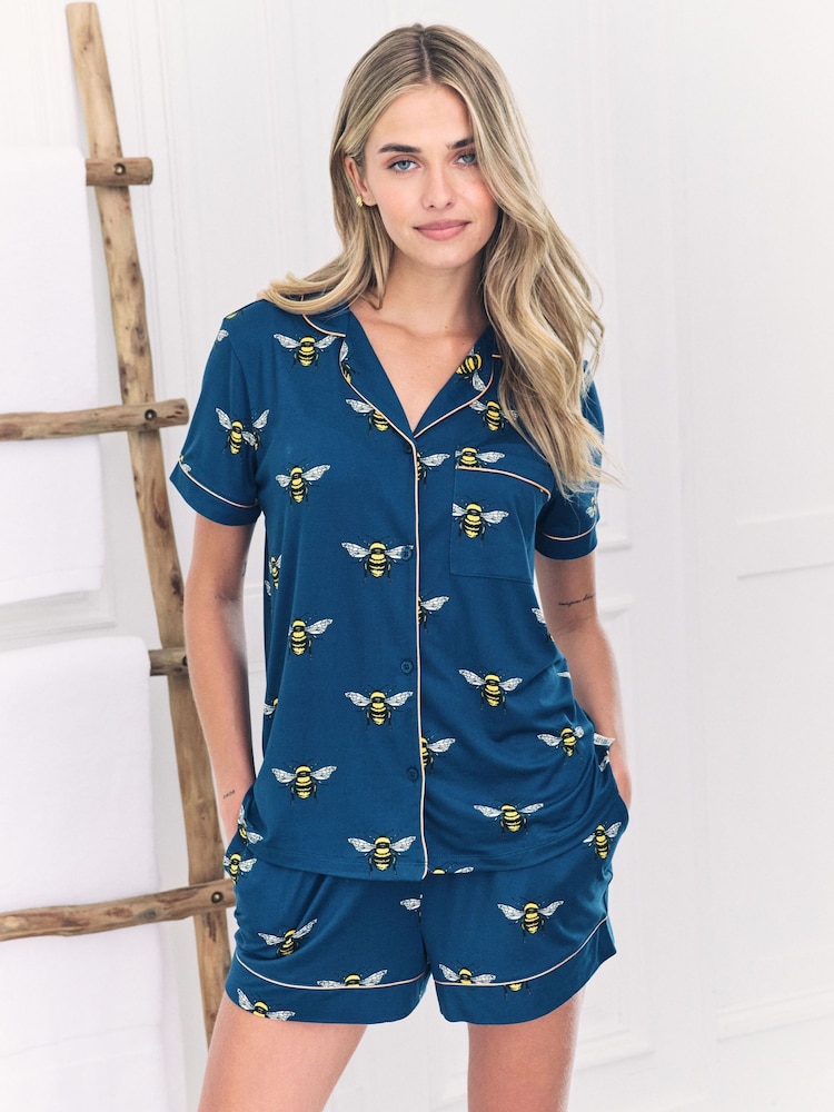 Chelsea Peers Blue Bee Print Short Pyjamas Set - Image 2 of 5 Chelsea Peers Blue Bee Print Short Pyjamas Set - Image 2 of 5