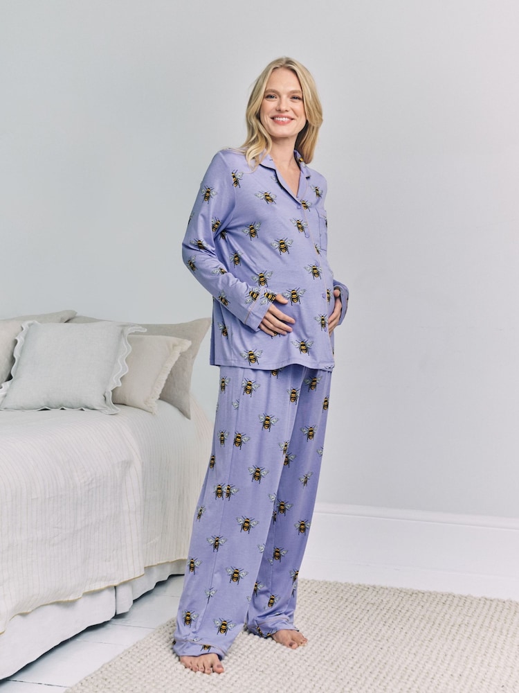 Chelsea Peers Purple Maternity TENCEL™ Modal Bee Print Long Pyjamas Set Lilac - Image 1 of 5 Chelsea Peers Purple Maternity TENCEL™ Modal Bee Print Long Pyjamas Set Lilac - Image 1 of 5