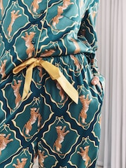 Chelsea Peers Green Satin Gilded Tiger Print Long Pyjamas Set - Image 4 of 6