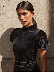 Ro&Zo Black Madison Velvet Tulip Sleeve Mini Dress - Image 3 of 4