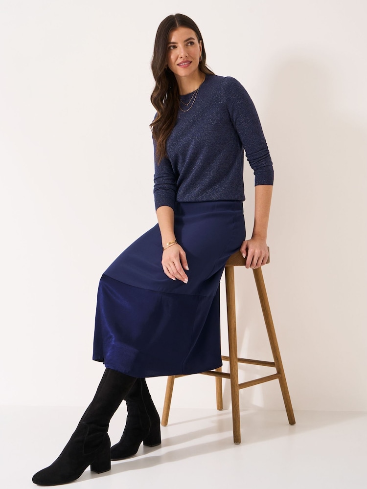 Crew Clothing Blue Rena Satin Midi Skirt - Image 1 of 5