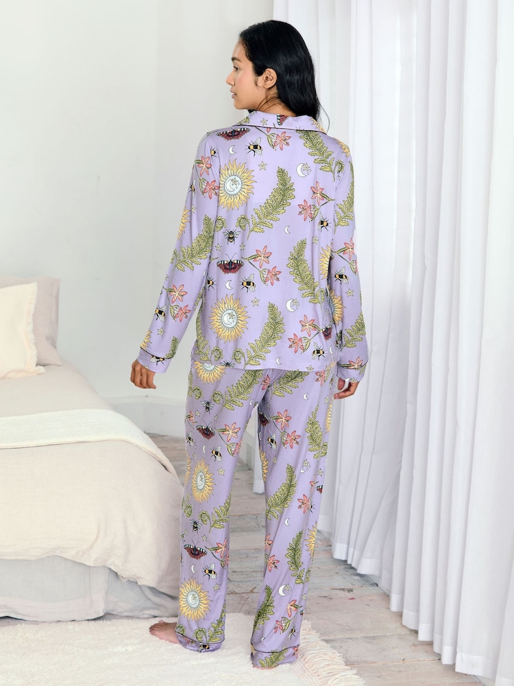 Chelsea Peers Purple Moonlit Forest Print Long Pyjamas Set - Image 2 of 7 Chelsea Peers Purple Moonlit Forest Print Long Pyjamas Set - Image 2 of 7