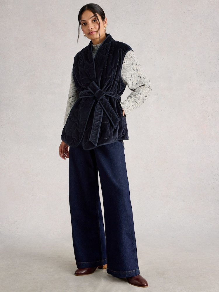 White Stuff Blue Gigi Velvet Quilted Gilet - Image 1 of 6