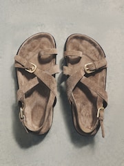The Set Premium Leather Suede Footbed Sandal Taupe Brown - Image 1 of 2
