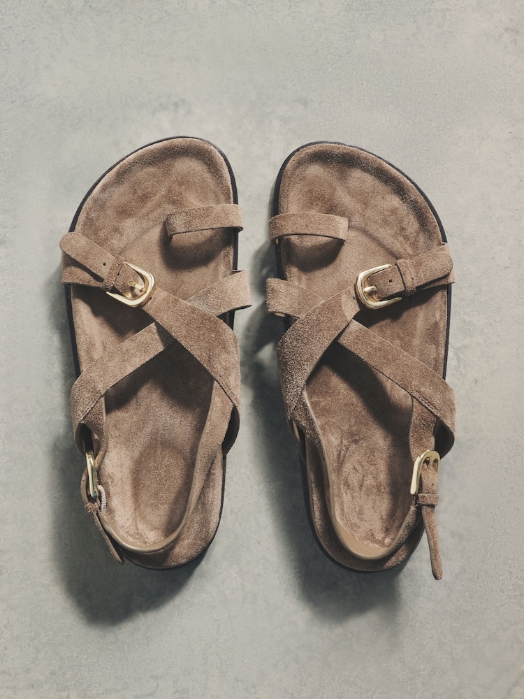 The Set Premium Leather Suede Footbed Sandal Taupe Brown - Image 1 of 2