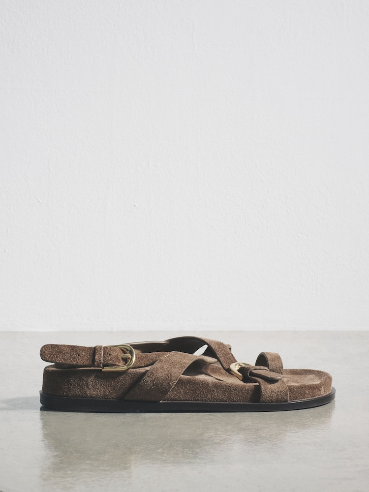 The Set Premium Leather Suede Footbed Sandal Taupe Brown - Image 2 of 2