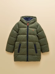 Joules Boys' Long Cairn Khaki Green Showerproof Padded Coat - Image 1 of 5