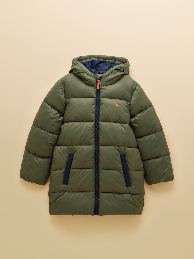 Joules Boys' Long Cairn Khaki Green Showerproof Padded Coat - Image 1 of 5