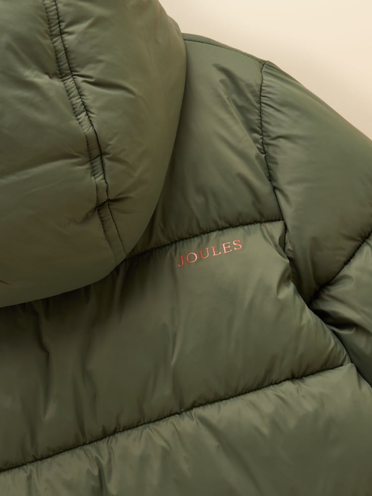 Joules Boys' Long Cairn Khaki Green Showerproof Padded Coat - Image 5 of 5