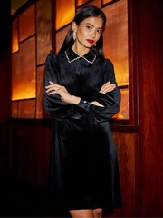 Yumi Black Long Sleeve Velvet Tunic With Diamante Collar - Image 1 of 5