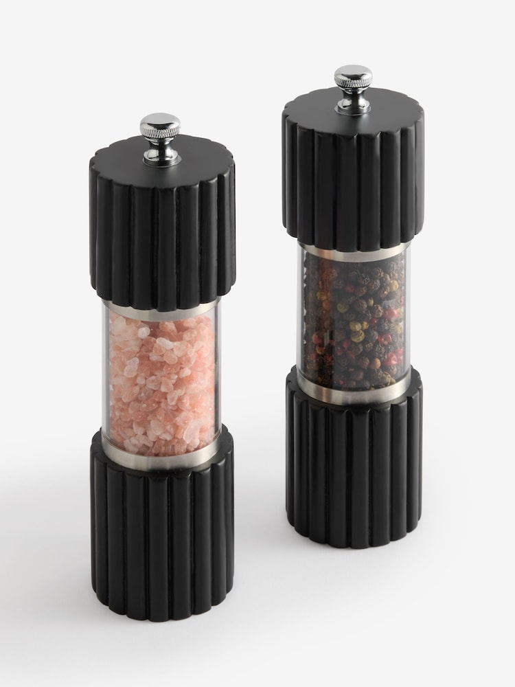Set of 2 Black Wood Ribbed Filled Salt and Pepper Grinders - Image 3 of 3 Set of 2 Black Wood Ribbed Filled Salt and Pepper Grinders - Image 3 of 3