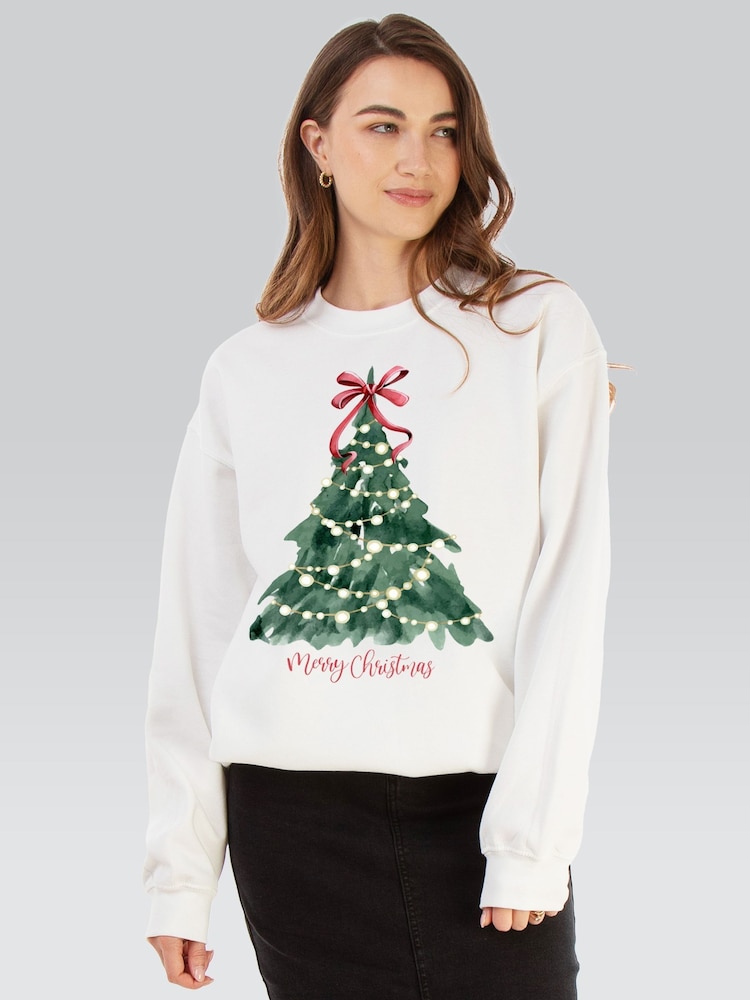 Brands In White Christmas Tree Watercolour Sweatshirt - Image 1 of 5 Brands In White Christmas Tree Watercolour Sweatshirt - Image 1 of 5