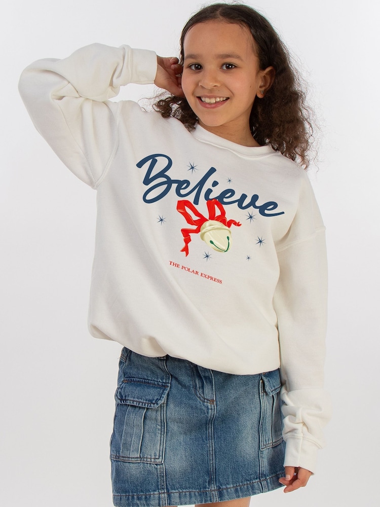 Brands In White Polar Express Believe Bell Christmas Sweat Top - Image 1 of 5 Brands In White Polar Express Believe Bell Christmas Sweat Top - Image 1 of 5