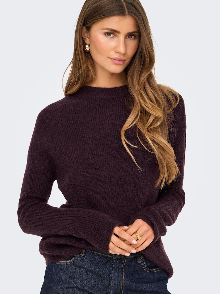ONLY Burgundy Round Neck Cosy Knit Jumper - Image 1 of 6