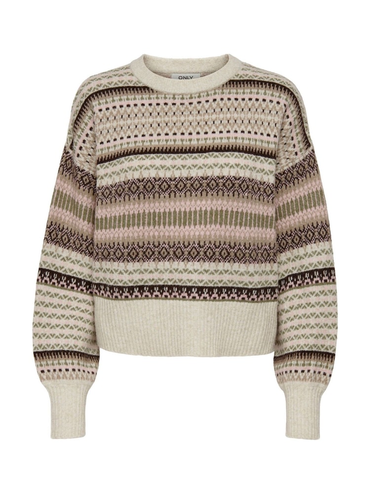 ONLY Natural Round Neck Fair Isle Knitted Jumper - Image 1 of 3