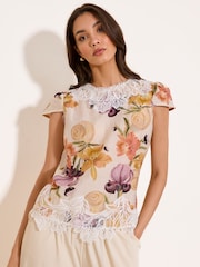 Lipsy Cream Floral Print Lace Detail Puff Sleeve Top - Image 1 of 5