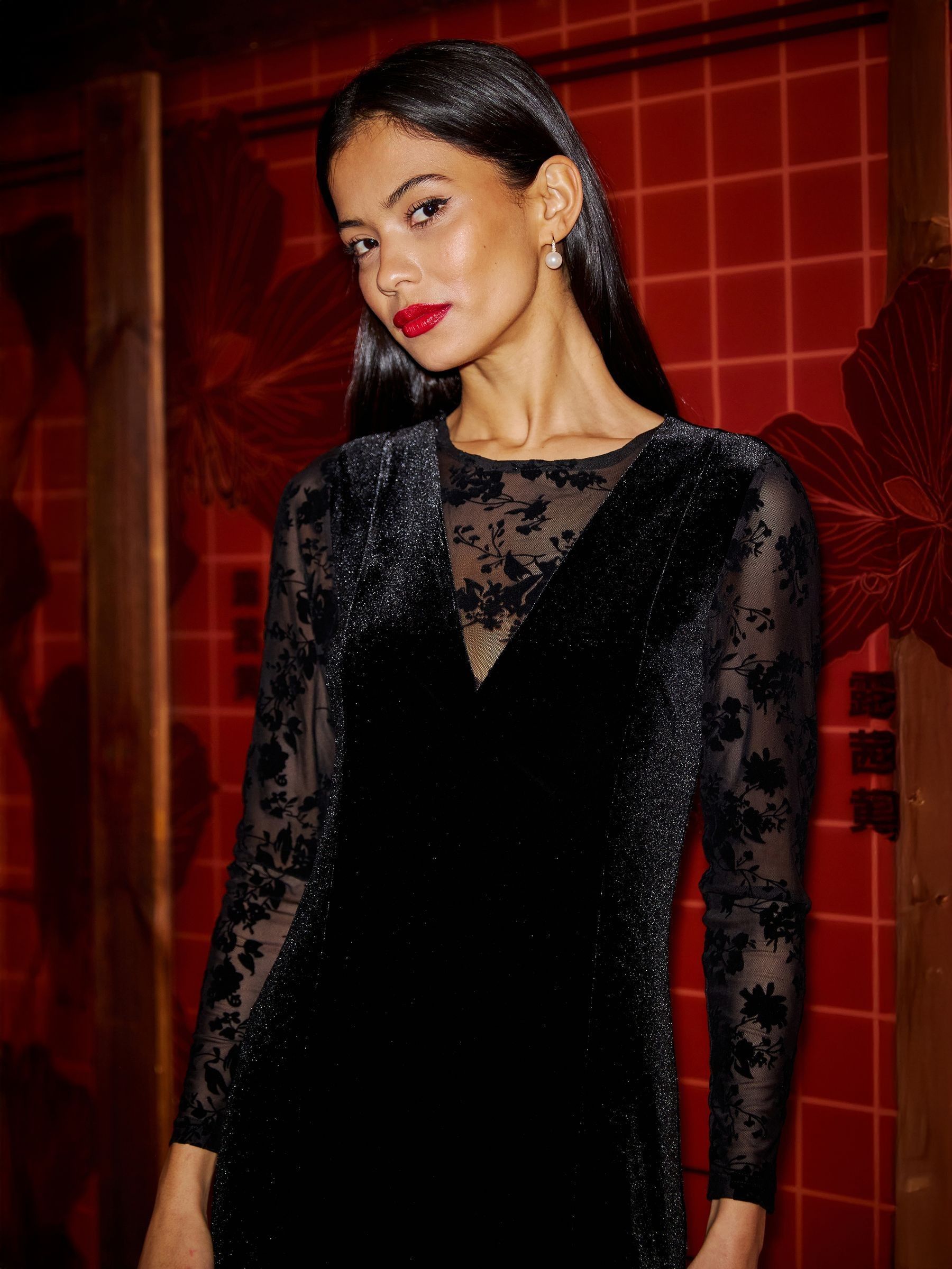 Buy Yumi Black Fitted Velvet Dress With Sheer Floral Sleeves from
