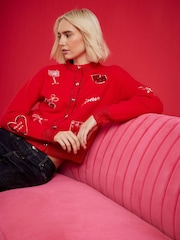 River Island Red Nephthys Collab Doodle Hearts and Bows Christmas Cardigan - Image 3 of 4