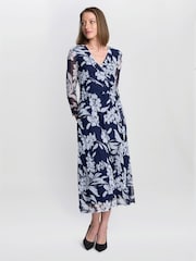 Gina Bacconi Blue Jan Floral Chiffon Wrap Midi Dress - Image 1 of 6