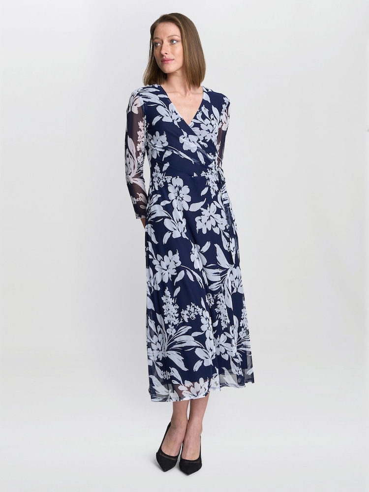Gina Bacconi Blue Jan Floral Chiffon Wrap Midi Dress - Image 1 of 6 Gina Bacconi Blue Jan Floral Chiffon Wrap Midi Dress - Image 1 of 6