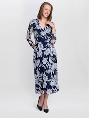 Gina Bacconi Blue Jan Floral Chiffon Wrap Midi Dress - Image 4 of 6