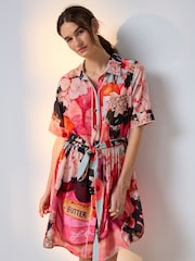 Red Print - Short Sleeve Tie Waist Shirt Dress - 3ичинен 1 сүрөт